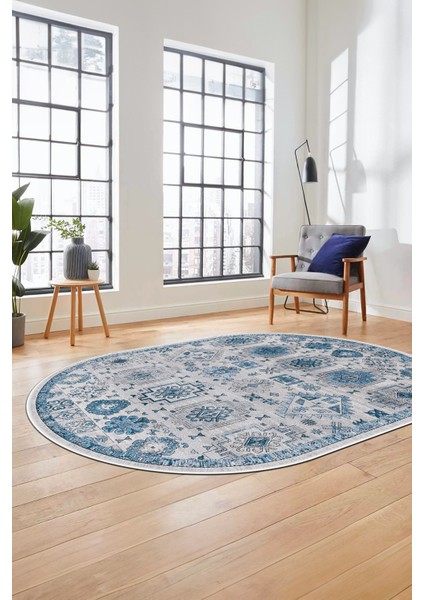 Modern Etnik Desen Dijital Kaymaz Yıkanabilir Oval Yolluk Mutfak Salon Halısı O-Modern-29-Mavi