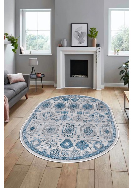 Modern Etnik Desen Dijital Kaymaz Yıkanabilir Oval Yolluk Mutfak Salon Halısı O-Modern-29-Mavi fiyatları