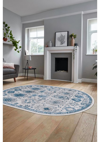 Modern Etnik Desen Dijital Kaymaz Yıkanabilir Oval Yolluk Mutfak Salon Halısı O-Modern-29-Mavi modelleri