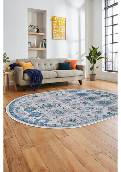 Modern Etnik Desen Dijital Kaymaz Yıkanabilir Oval Yolluk Mutfak Salon Halısı O-Modern-29-Mavi indirimleri