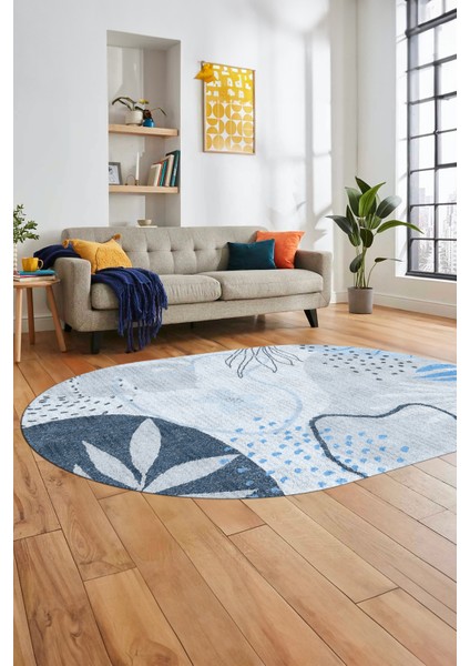 Yaprak Desen Modern Tasarım Dijital Kaymaz Yıkanabilir Oval Yolluk Salon Halısı O-Modern-79-Mavi