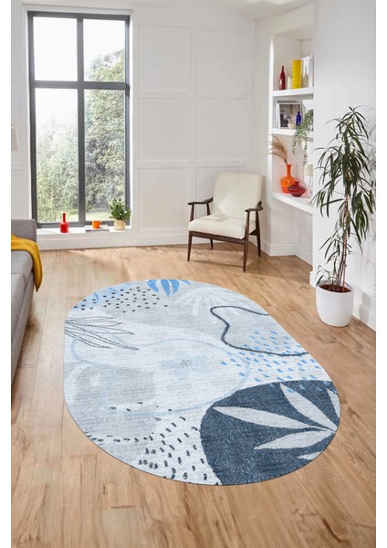 Yaprak Desen Modern Tasarım Dijital Kaymaz Yıkanabilir Oval Yolluk Salon Halısı O-Modern-79-Mavi fiyatları
