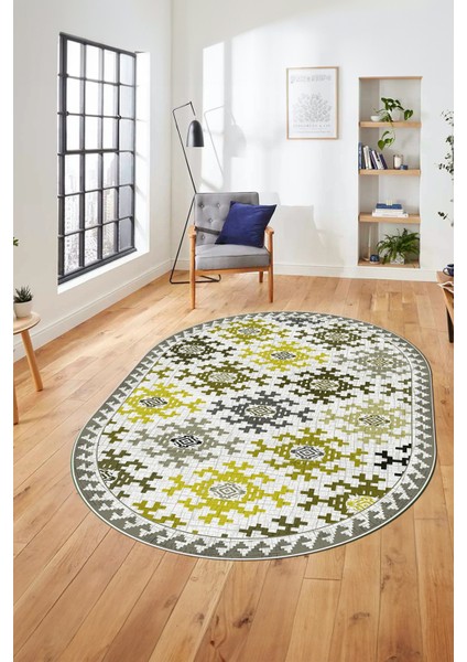 Etnik Modern Desenli Dijital Kaymaz Yıkanabilir Oval Yolluk Mutfak Salon Halısı O-Modern-14-Sarı