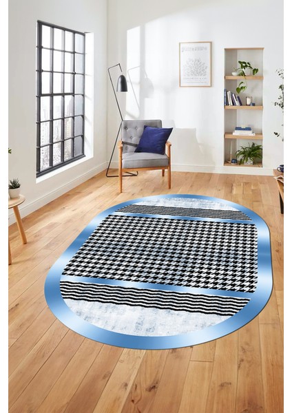 Baskılı Kaymaz Taban Yıkanabilir Sade Modern Yolluk Mutfak Oval Salon Halısı O-Modern-10-Mavi