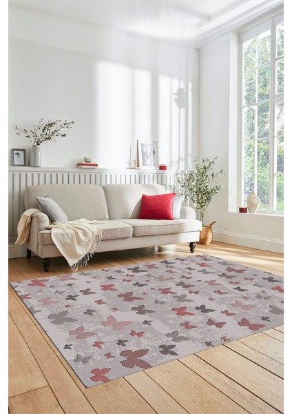Baskılı Kaymaz Yıkanabilir Modern Kelebek Desen Yolluk Salon Halısı Modern-51-Pembe