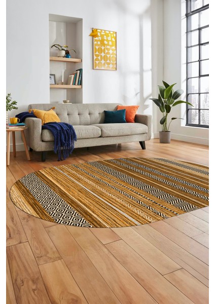 Modern Kilim Dijital Kaymaz Yıkanabilir Oval Yolluk Mutfak Salon Halısı O-Modern-17-Kahve indirimleri