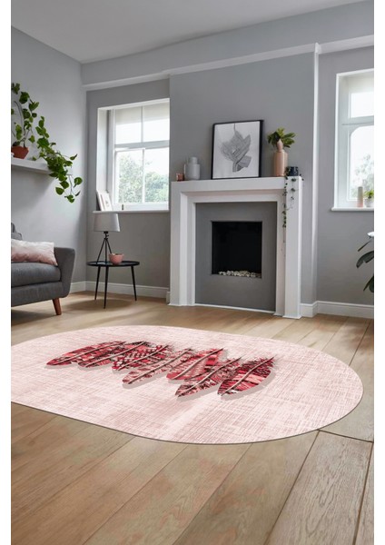 Baskılı Kaymaz Yıkanabilir Modern Yaprak Desen Oval Yolluk Salon Halısı O-Modern-50-Pembe