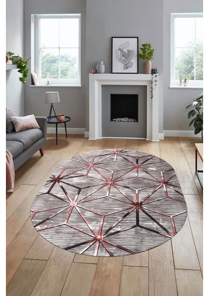 3D Baskılı Kaymaz Yıkanabilir Modern Oval Yolluk Koridor Mutfak Salon Halısı O-Modern-39-Pembe