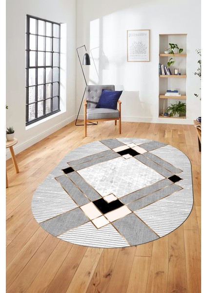 Şık Modern Desenli Dijital Kaymaz Yıkanabilir Oval Yolluk Mutfak Salon Halısı O-Modern-12-Krem