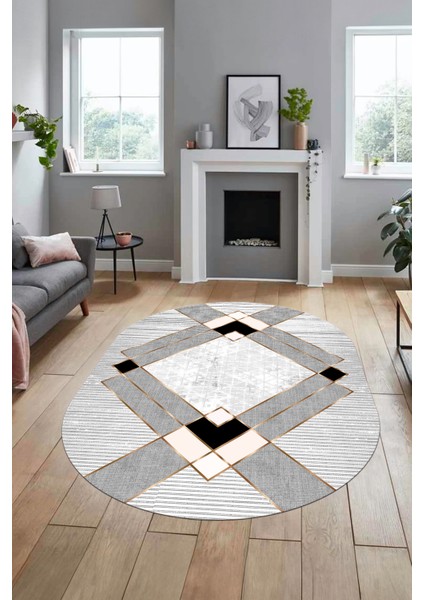 Şık Modern Desenli Dijital Kaymaz Yıkanabilir Oval Yolluk Mutfak Salon Halısı O-Modern-12-Krem modelleri