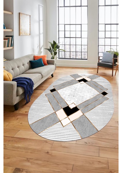 Şık Modern Desenli Dijital Kaymaz Yıkanabilir Oval Yolluk Mutfak Salon Halısı O-Modern-12-Krem indirimleri