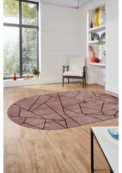 Sade Desenli Baskılı Kaymaz Taban Yıkanabilir Oval Yolluk Salon Halısı O-MODERN-117-BORDO