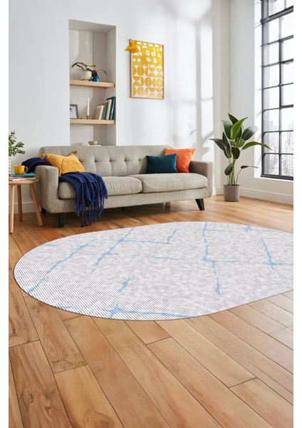 Şık Sade Modern Desenli Dijital Kaymaz Yıkanabilir Oval Yolluk Salon Halısı O-Modern-72-Mavi fiyatları