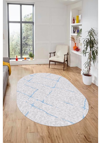 Şık Sade Modern Desenli Dijital Kaymaz Yıkanabilir Oval Yolluk Salon Halısı O-Modern-72-Mavi modelleri