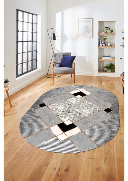 Şık Modern Desenli Dijital Kaymaz Yıkanabilir Oval Yolluk Mutfak Salon Halısı O-Modern-12-Gri