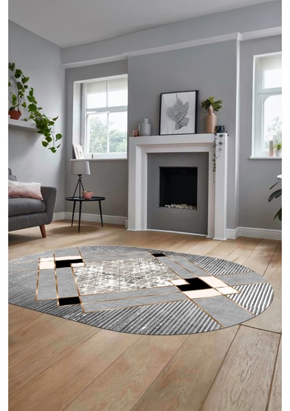 Şık Modern Desenli Dijital Kaymaz Yıkanabilir Oval Yolluk Mutfak Salon Halısı O-Modern-12-Gri fırsatları