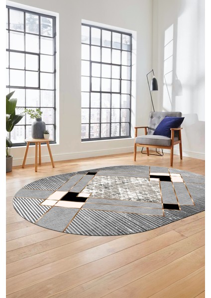 Şık Modern Desenli Dijital Kaymaz Yıkanabilir Oval Yolluk Mutfak Salon Halısı O-Modern-12-Gri fiyatları