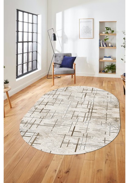 Sade Desen Modern Dijital Kaymaz Yıkanabilir Oval Yolluk Mutfak Salon Halısı O-Modern-89-Krem fırsatları