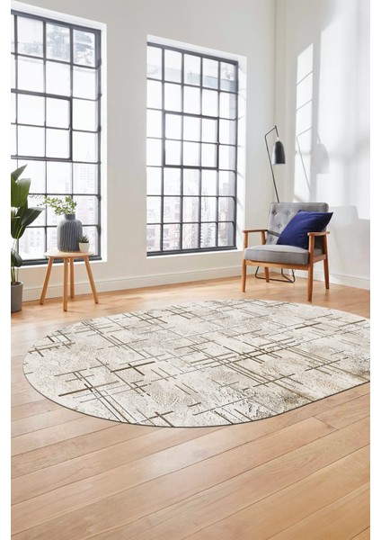 Sade Desen Modern Dijital Kaymaz Yıkanabilir Oval Yolluk Mutfak Salon Halısı O-Modern-89-Krem indirimleri