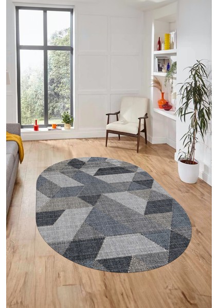 Baskılı Kaymaz Taban Yıkanabilir Modern Şık Oval Yolluk Mutfak Salon Halısı O-Modern-96-Mavi