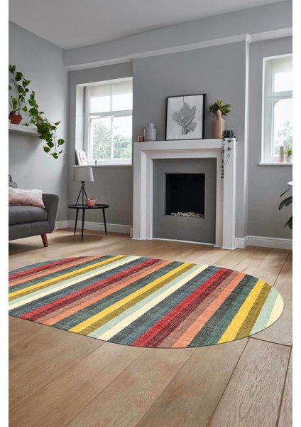 Modern Kilim Desen Dijital Kaymaz Yıkanabilir Oval Yolluk Mutfak Salon Halısı O-Modern-25-Renkli