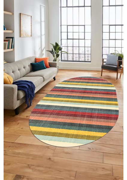 Modern Kilim Desen Dijital Kaymaz Yıkanabilir Oval Yolluk Mutfak Salon Halısı O-Modern-25-Renkli