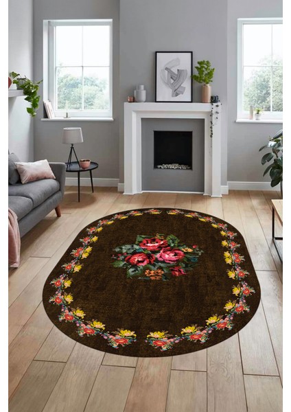 Modern Çiçek Dijital Kaymaz Yıkanabilir Oval Yolluk Mutfak Salon Halısı O-Modern-20-Kahve fiyatları