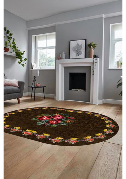 Modern Çiçek Dijital Kaymaz Yıkanabilir Oval Yolluk Mutfak Salon Halısı O-Modern-20-Kahve modelleri