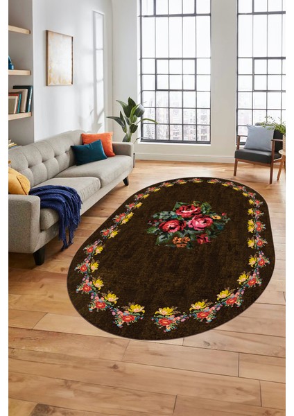Modern Çiçek Dijital Kaymaz Yıkanabilir Oval Yolluk Mutfak Salon Halısı O-Modern-20-Kahve fırsatları