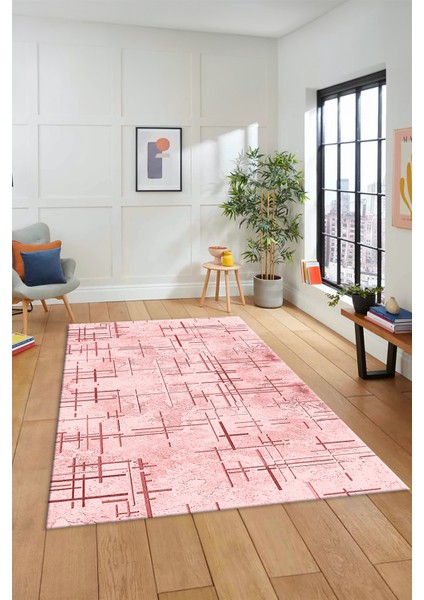 Sade Desen Modern Dijital Kaymaz Yıkanabilir Yolluk Mutfak Salon Halısı Modern-89-Pembe