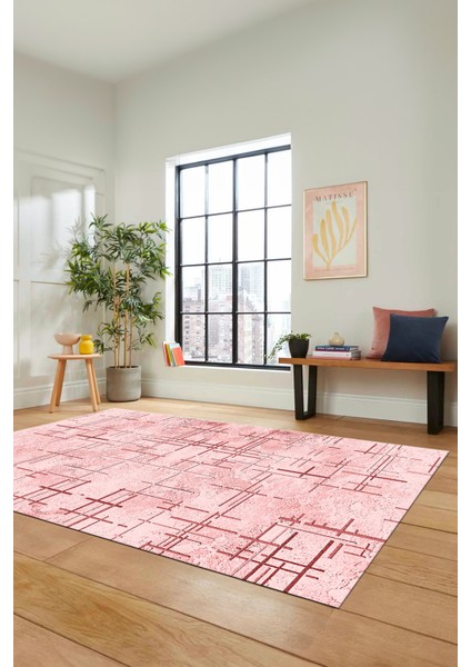 Sade Desen Modern Dijital Kaymaz Yıkanabilir Yolluk Mutfak Salon Halısı Modern-89-Pembe