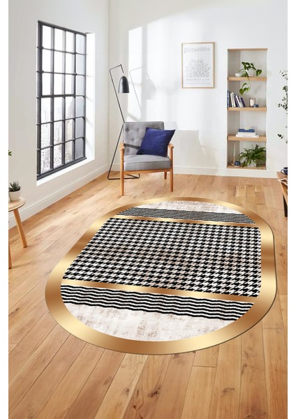 Baskılı Kaymaz Taban Yıkanabilir Sade Modern Yolluk Mutfak Oval Salon Halısı O-Modern-10-Krem