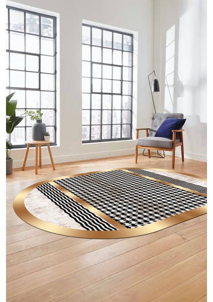 Baskılı Kaymaz Taban Yıkanabilir Sade Modern Yolluk Mutfak Oval Salon Halısı O-Modern-10-Krem