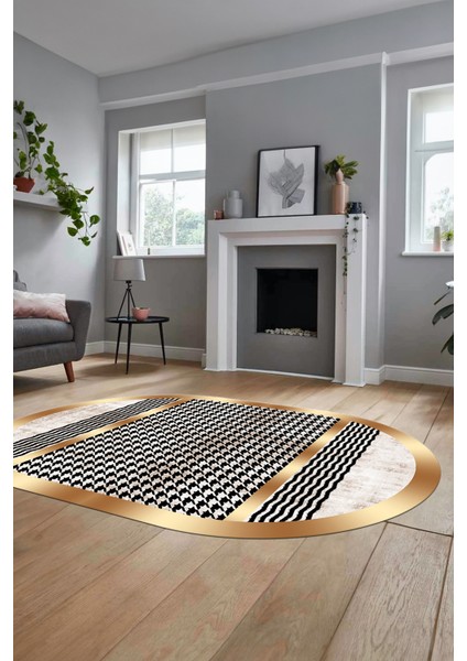 Baskılı Kaymaz Taban Yıkanabilir Sade Modern Yolluk Mutfak Oval Salon Halısı O-Modern-10-Krem
