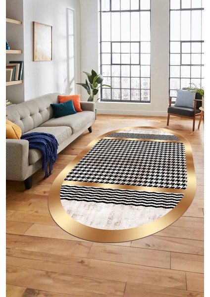 Baskılı Kaymaz Taban Yıkanabilir Sade Modern Yolluk Mutfak Oval Salon Halısı O-Modern-10-Krem