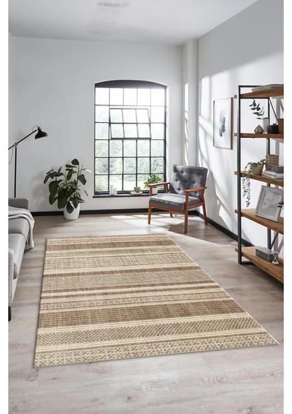 Modern Kilim Desenli Dijital Kaymaz Yıkanabilir Yolluk Mutfak Salon Halısı Modern-36-Krem