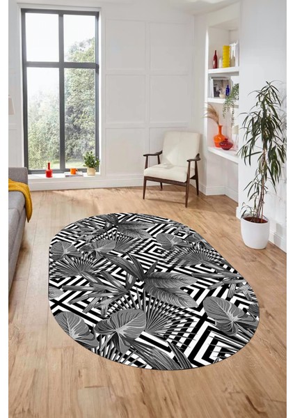 Yaprak Desen Baskılı Kaymaz Taban Yıkanabilir Modern Oval Yolluk Salon Halısı O-MODERN-100-GRİ