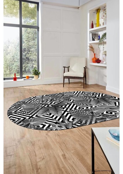 Yaprak Desen Baskılı Kaymaz Taban Yıkanabilir Modern Oval Yolluk Salon Halısı O-MODERN-100-GRİ fiyatları