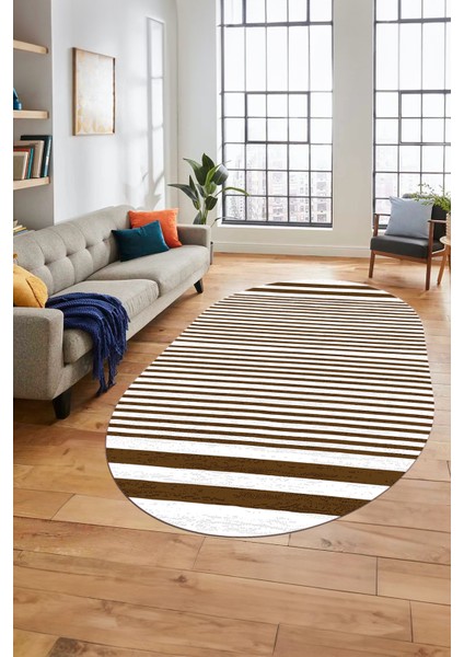 Baskılı Kaymaz Yıkanabilir Sade Modern Oval Yolluk Mutfak Halısı Salon Halısı O-Modern-63-Kahve