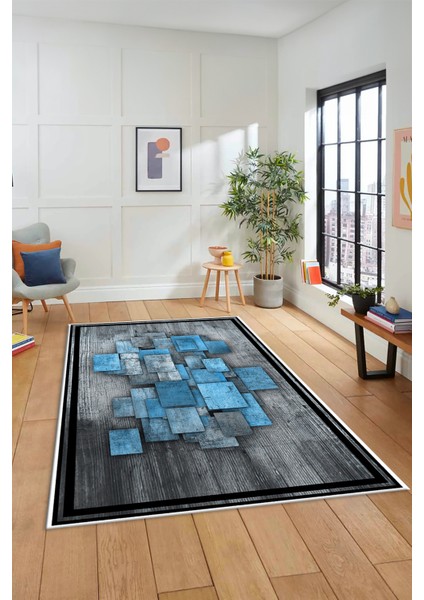 Çerçeveli Modern Desenli Dijital Kaymaz Yıkanabilir Yolluk Mutfak Salon Halısı Modern-13-Mavi