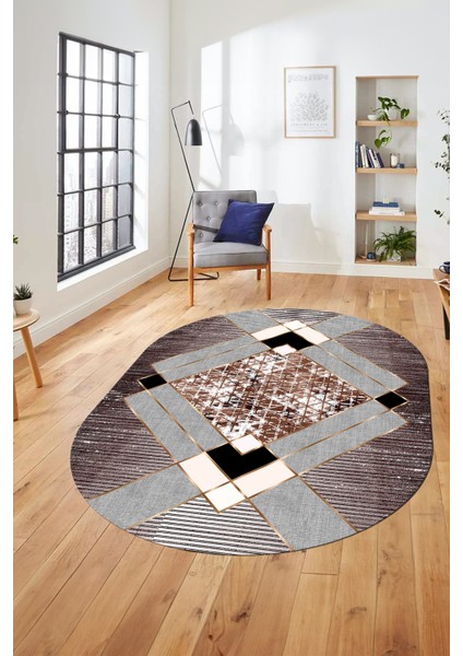 Şık Modern Desenli Dijital Kaymaz Yıkanabilir Oval Yolluk Mutfak Salon Halısı O-Modern-12-Bordo