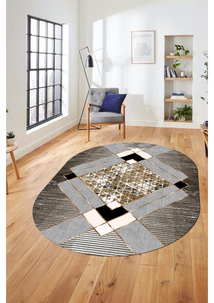 Şık Modern Desenli Dijital Kaymaz Yıkanabilir Oval Yolluk Mutfak Salon Halısı O-Modern-12-Kahve