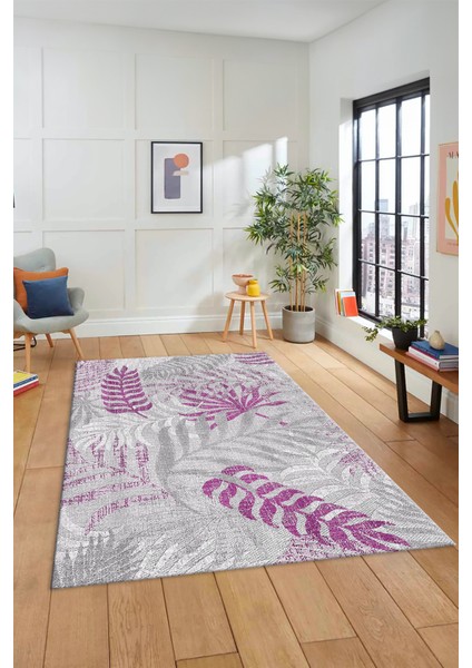 Baskılı Kaymaz Taban Yıkanabilir Yapraklı Yolluk Mutfak Salon Halısı Modern-95-Mor
