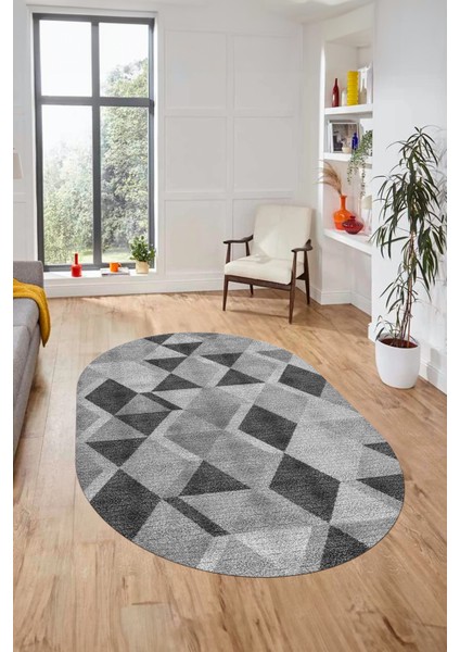 Baklava Desen Baskılı Kaymaz Taban Yıkanabilir Modern Oval Yolluk Salon Halısı O-MODERN-103-GRİ