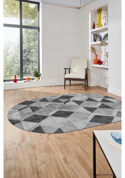 Baklava Desen Baskılı Kaymaz Taban Yıkanabilir Modern Oval Yolluk Salon Halısı O-MODERN-103-GRİ fiyatları