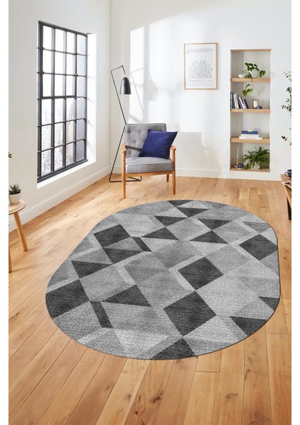 Baklava Desen Baskılı Kaymaz Taban Yıkanabilir Modern Oval Yolluk Salon Halısı O-MODERN-103-GRİ modelleri