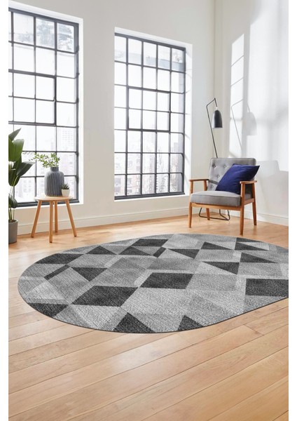 Baklava Desen Baskılı Kaymaz Taban Yıkanabilir Modern Oval Yolluk Salon Halısı O-MODERN-103-GRİ fırsatları