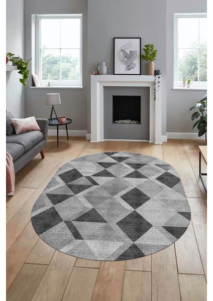 Baklava Desen Baskılı Kaymaz Taban Yıkanabilir Modern Oval Yolluk Salon Halısı O-MODERN-103-GRİ indirimleri