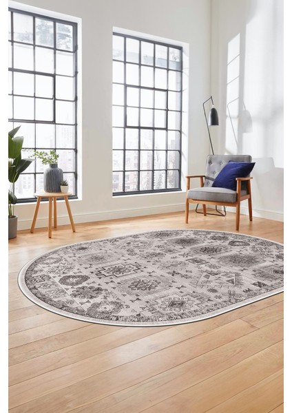 Modern Etnik Desen Dijital Kaymaz Yıkanabilir Oval Yolluk Mutfak Salon Halısı O-Modern-29-Gri