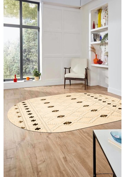 Baskılı Kaymaz Yıkanabilir Şık Kilim Desen Oval Yolluk Halısı Salon Halısı O-Modern-65-Krem fırsatları